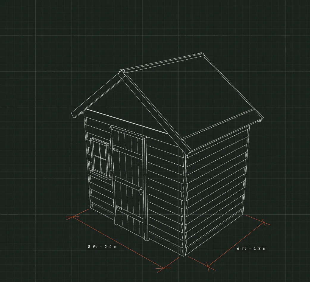 A white-line technical drawing of an 8 by 6 foot apex shed with a single door and one window